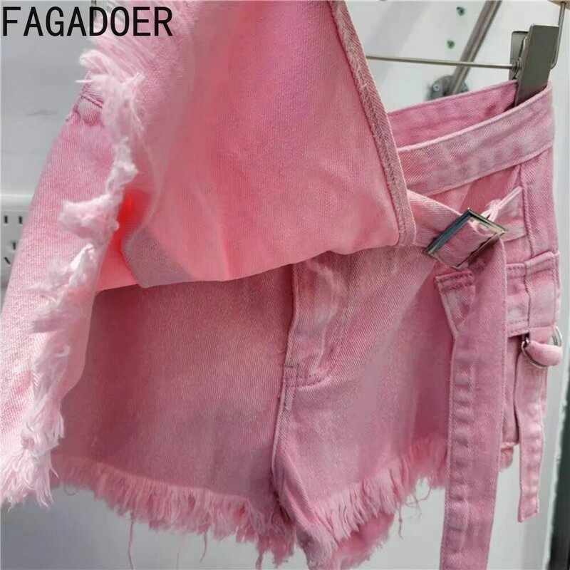 FAGADOER Summer New Candy Color Pleated Denim Skirts Women High Waist Pocket Tassels Shorts Skirts Fashion Female Y2K Streetwear
