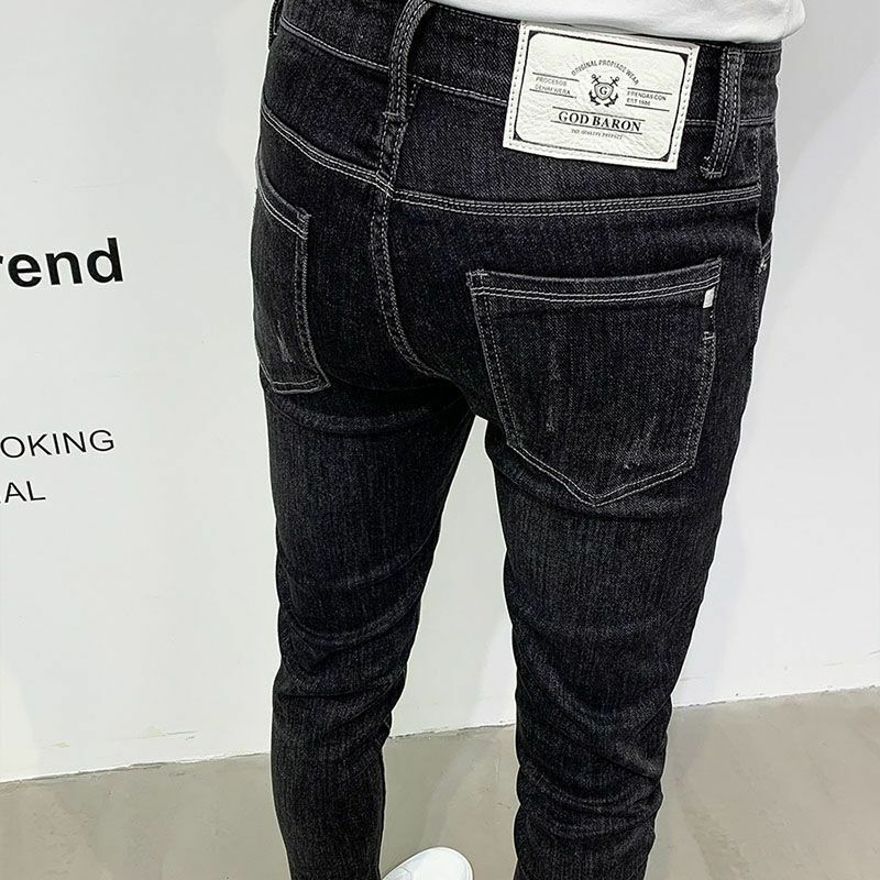 New Korean Style Slim Fit Black Jeans for Men with Embroidery Design Denim Pants for Casual and Luxury Clothing Stretch Trousers