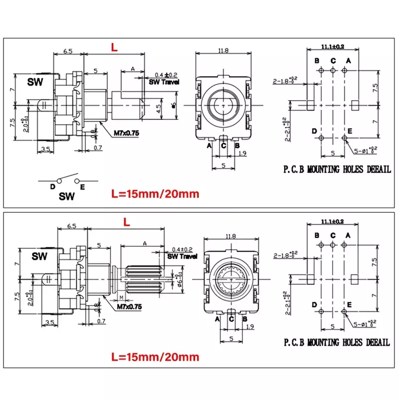 Interruptor de botón de perilla de codificador giratorio, potenciómetro Digital Arduino EC11 de 20 posiciones, 15/20mm, medio eje de ciruela, 360, 5/10 unidades