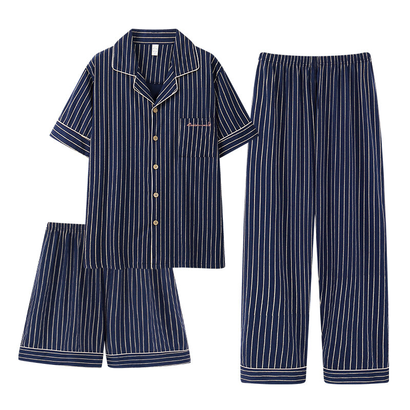3PCS/Set Male Nightwear Suit Summer Generous Leisure Short Sleeve Pajamas Striped Homewear Men Big Yards4XL Cotton Pijama Hombre