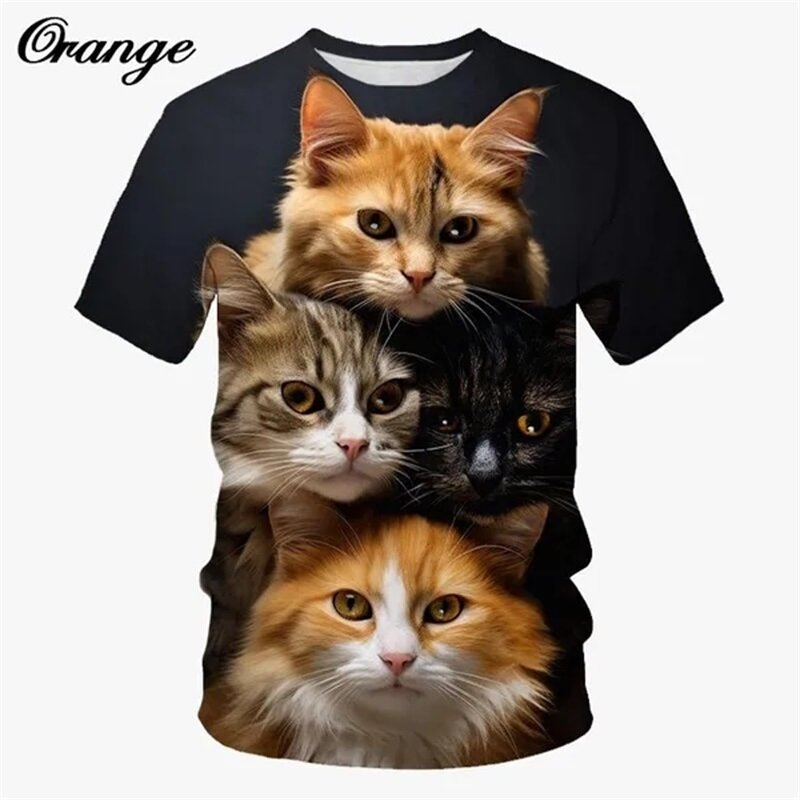 T-Shirt graphique chat empilé pour hommes et femmes, imprimé en 3D, manches courtes, décontracté, drôle, mignon