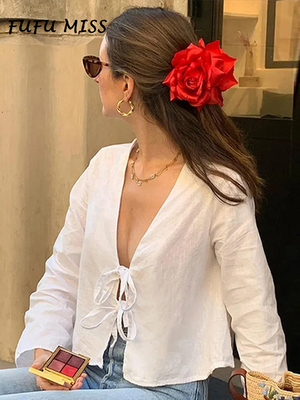 White V-neck Lace-up Loose Shirt Women Blouses Casual Solid Long-sleeved Tops 2024 Spring Female Chic Office Ladies Outwear