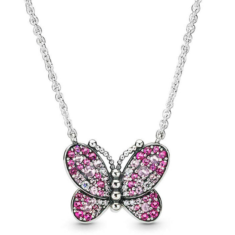 Dazzling Pink Butterfly Double Two-tone Circles Daisy Pendant 925 Sterling Silver Necklace For Fashion Bead Charm DIY Jewelry