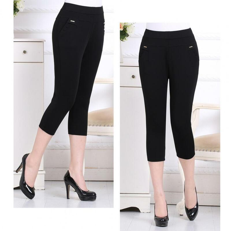 Pantalones con forma de pierna para mujer de mediana edad, pantalones recortados de cintura alta, pantalones ajustados con bolsillos, ropa de calle sólida