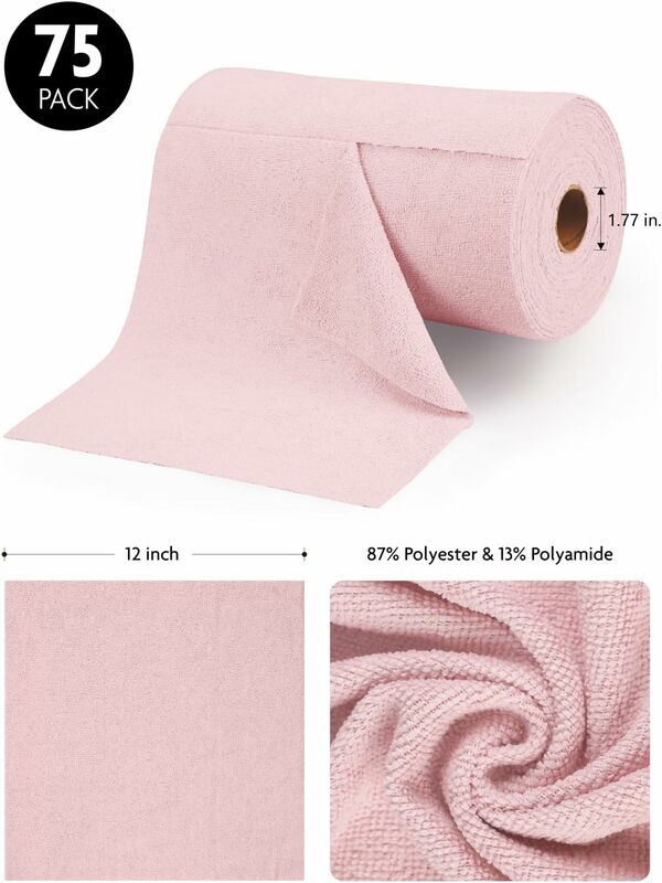 ม้วนผ้าทำความสะอาดไมโครไฟเบอร์-75แพ็ค, 12x12 ", ฉีกผ้าเช็ดตัว, ผ้าขี้ริ้วที่นำกลับมาใช้ใหม่ได้ (สีชมพู)
