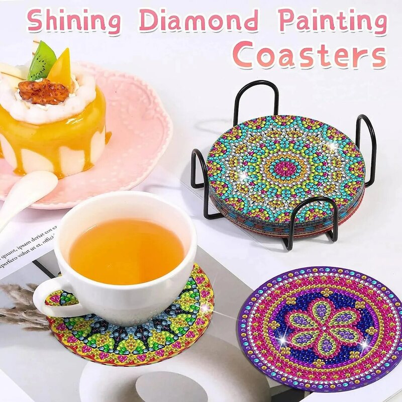 Mandala Padrão Coasters com cortesia Cup Holder, DIY diamante pintado Coasters, 8-Piece Set