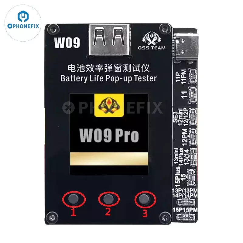 OSS W09 Pro V3 Battery Life Pop-Up Tester, sem cabo Tag-on para Fix iPhone 11-15PM, Reparação de dados Saúde Reset Eficiência, 100%