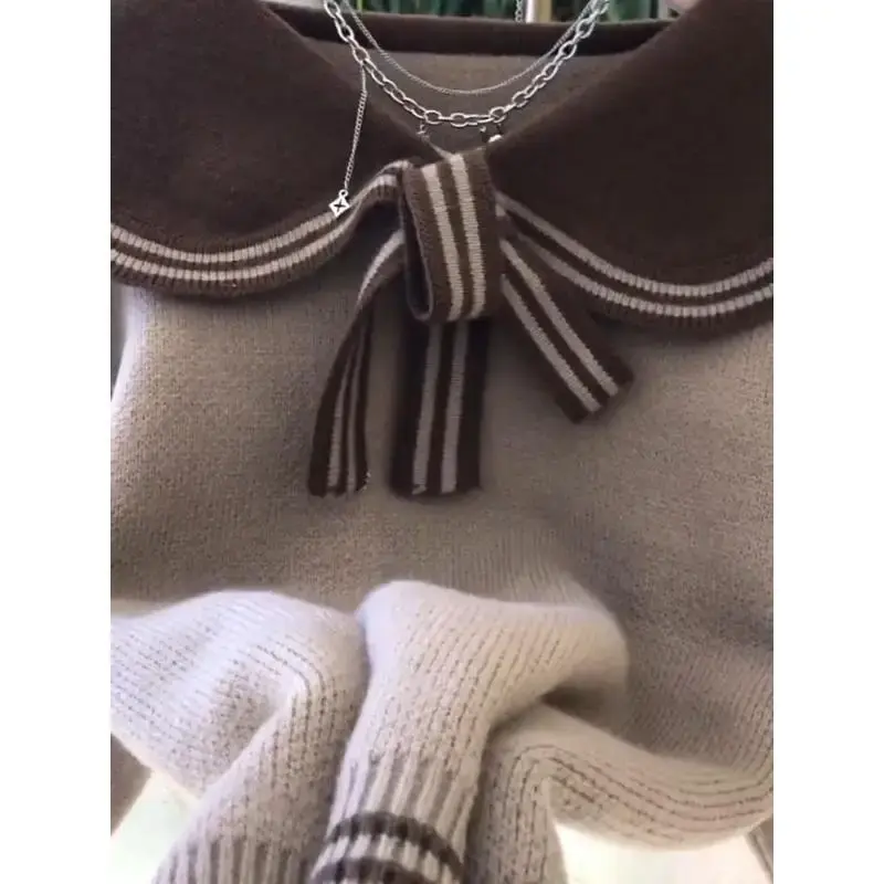 Pull à col polo avec nœud pour femme, haut en tricot décontracté, design drapeau, paresseux, automne et hiver 2023, nouveau