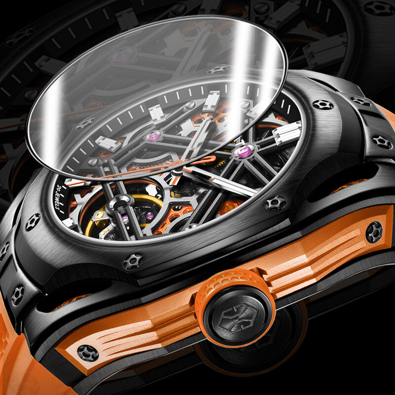Luksusowe zegarki męskie GELATU taśma silikonowa automatyczna puzderko na prezent mechaniczna wodoodporna świecąca wydrążona zegarek męski