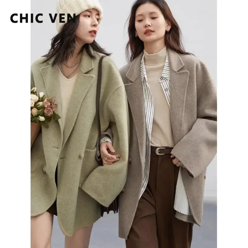 Jaket wol wanita CHIC VEN, mantel wol longgar kasual, dua sisi, jaket kantor, pakaian luar musim gugur, musim dingin 2023