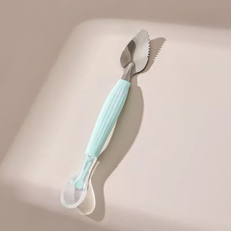 Peel Double Head Silicone acciaio inossidabile utensile per bambini Toddler Infant Food mangiare frutta raschiando fango cucchiaio alimentazione stoviglie
