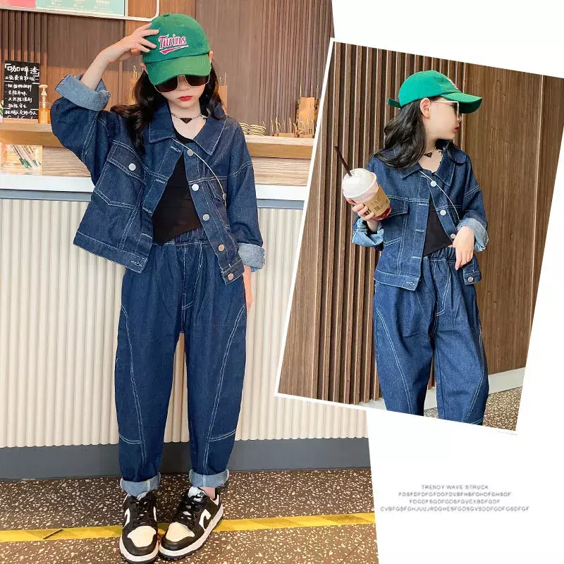 Джинсовый костюм для девочек 4-12 лет, демисезонный однобортный комплект из куртки и джинсов в Корейском стиле для девочек-подростков, 2024