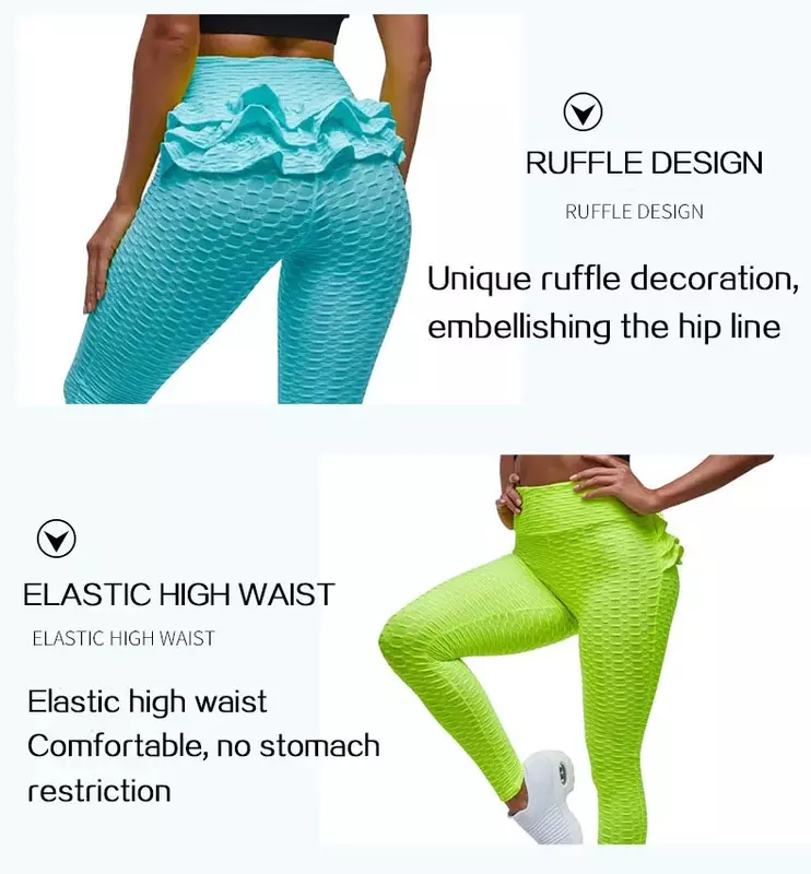 Żakardowe bąbelkowe spodnie do jogi damskie z falbanką z wysokim stanem sportowe spodnie Fitness do podnoszenia bioder Slim Fit seksowne legginsy do biegania kolarskie