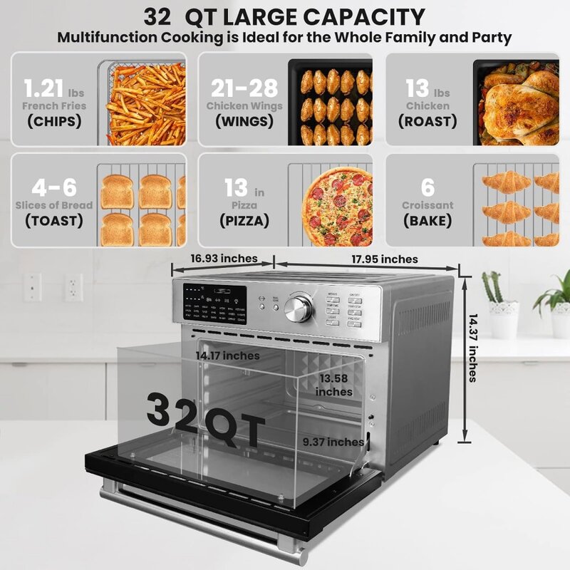 Oven pemanggang roti penggorengan udara, 32QT x-large baja tahan karat Kombo 21 dalam 1 meja Oven ganda masak paten ganda