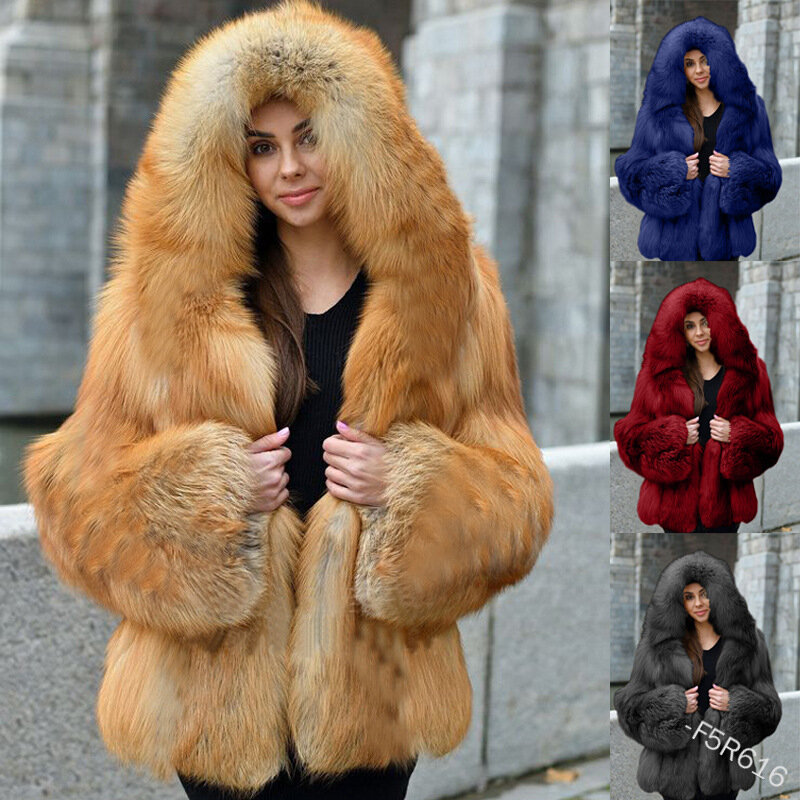 Abrigo de piel de zorro de longitud media con capucha para mujer, abrigo cálido, europeo y americano