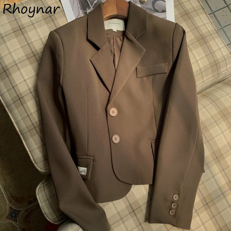Cropped Blazers Women Elegant Office Ladies All-match Dark Brown Korean Fashion Clothing Baggy Chic Designer Casual Hipster Ins