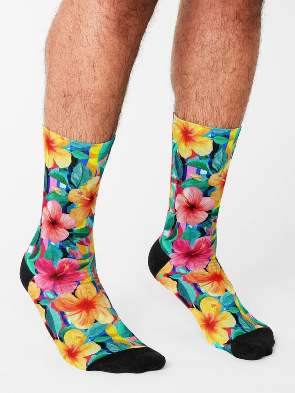 OTT Maximalist Hawaiian Hibiscus Floral with Stripes Socks anime happy Women Socks Men's