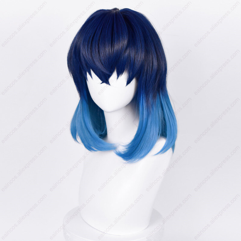 Peluca de Anime Hashibira Inosuke para Cosplay, pelo sintético resistente al calor, Color azul mezclado, 40cm