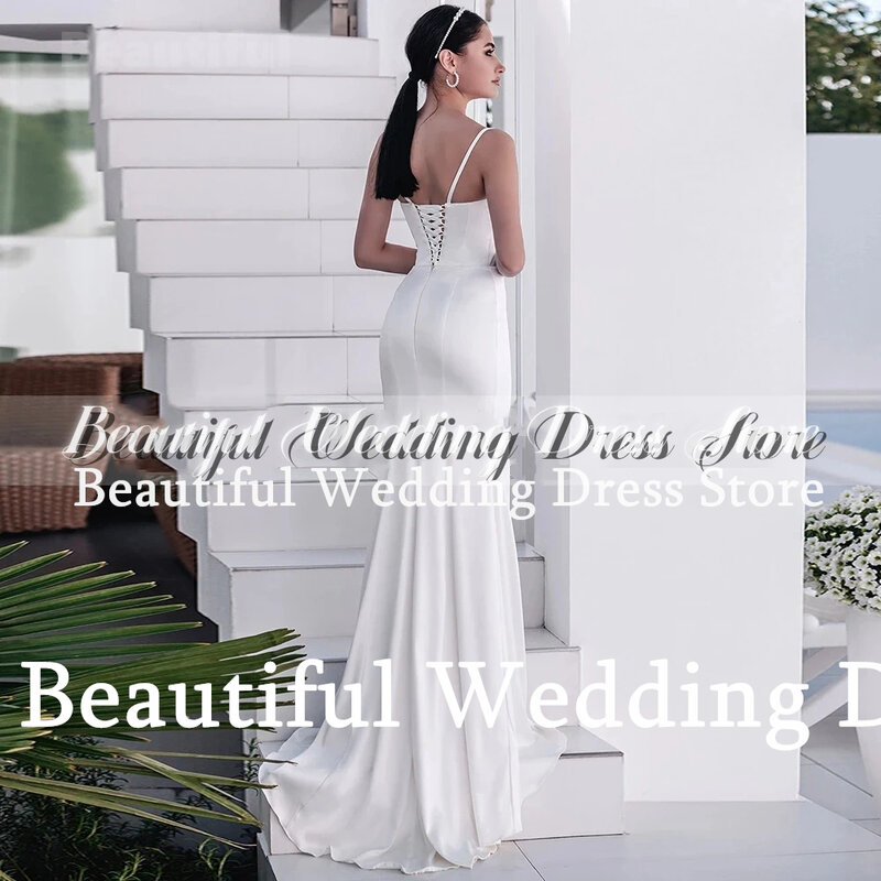 Красивое платье, официальное свадебное платье, сексуальное кружевное атласное платье-Русалка на бретелях-спагетти, с аппликацией, длиной до пола, платье для невесты