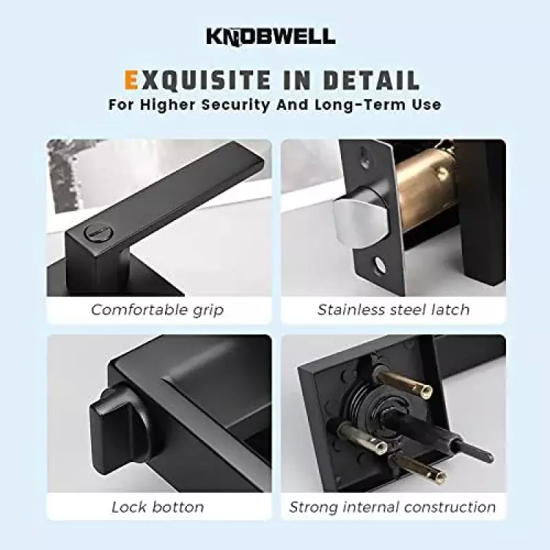Knobwell 8 Pack Matzwart Interieur Privacy Met Hendel, Slaapkamer Door Knoppen Met Slot, Vierkante Hendel Met Handvat, Heavy Duty Blac