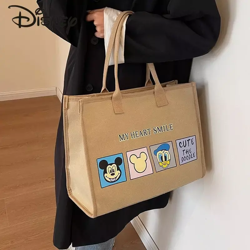 Disney-bolsa de lona mickey feminina, bolsa de ombro elegante, grande capacidade, bolsa casual cartoon de alta qualidade, nova