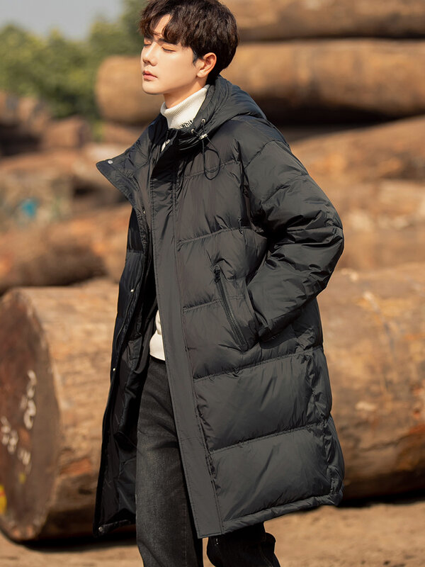 남성용 중간 길이 광택 다운 재킷, 얇은 후드, 방한, 따뜻한 재킷, 겨울 패션