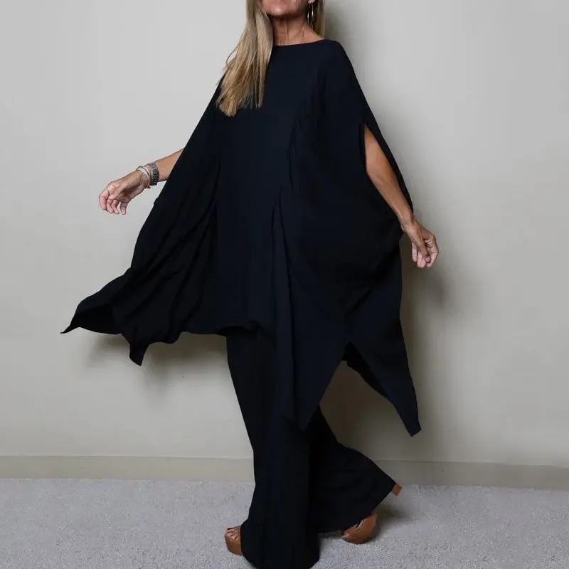 Vintage O-Neck Batwing Sleeve Top and Long Pants Outfits 2024 Casual Solid Office Suit Spring Autumn Loose Women's Two Piece Set
