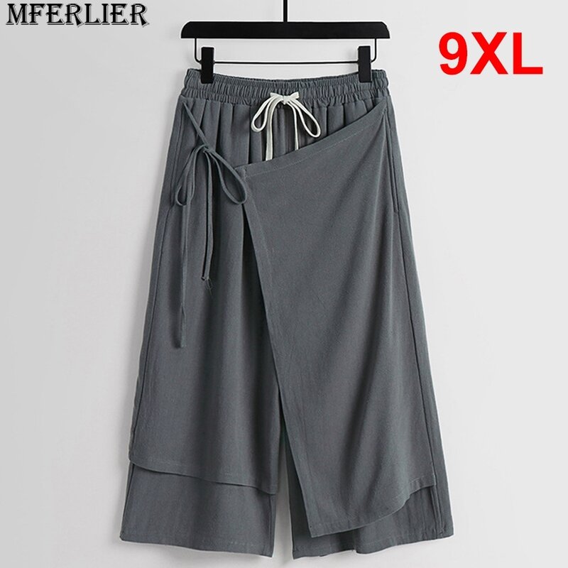 Celana panjang Linen untuk pria, celana panjang betis musim panas ukuran Plus 9XL, celana panjang dua potong palsu modis kasual warna Solid, celana bawah ukuran besar