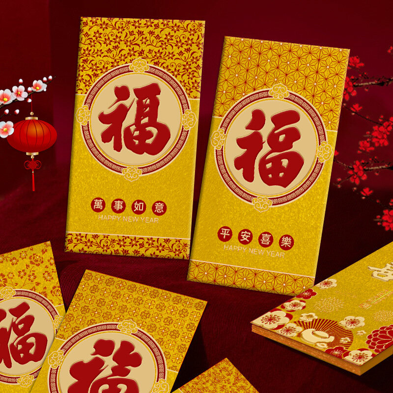 Envelope vermelho dourado, suprimentos para o ano novo, pacote de papel, bolsas de dinheiro, envelopes para presentes, saco de dinheiro da sorte, 6 peças