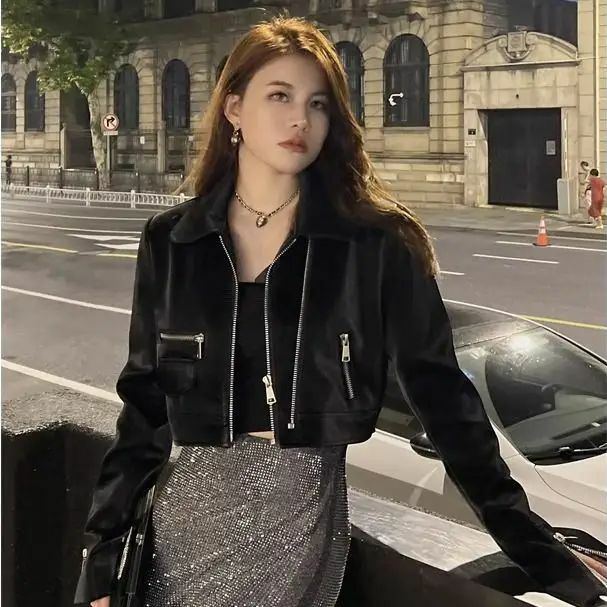 Кожаная куртка в стиле панк укороченная черная женская верхняя одежда на молнии мотоциклетная кожаная куртка повседневная Уличная нестандартная кожаная куртка новинка