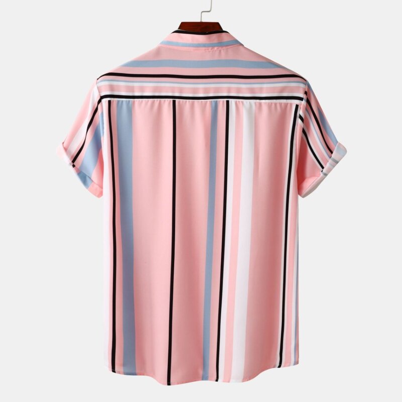 Camisa de manga corta informal para hombre, blusa de solapa con estampado a rayas, transpirable, hawaiana, Color de contraste, Verano