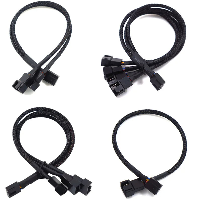 Dteedck 4-pin 1 sampai 3 cara, kabel Splitter kipas PWM berpendingin 1 hingga 2/3/4 cara ekstensi lengan ketuk Jalin kabel konektor kipas ekstensi