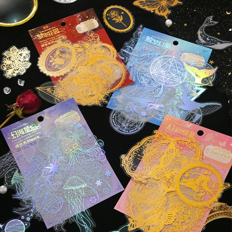 Jellyfish and Butterfly Holographic Glitter Stickers Set, Impermeável, Decorativo, Adesivo, Scrapbook, Jornal, Baleia, 40 Pcs