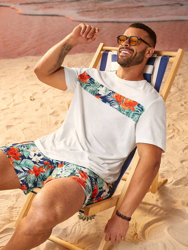 Casual Beach Men's Color Matching Suit Tropical Print Casual T-shirt and Shorts Summer Suit