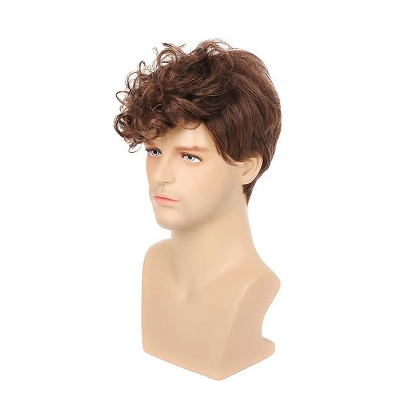 Men Short Synthetic Curly Brown Wigs With Side Bangs Breathable Blonde Fake Hair for Male Daily Cosplay Wig Heat Resistant