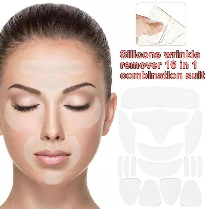 16/18 Reusable Silicone Wrinkle Removal Sticker Facial Lifting Strips Set Forehead Neck Line Remover Eye Patches Anti Aging Skin