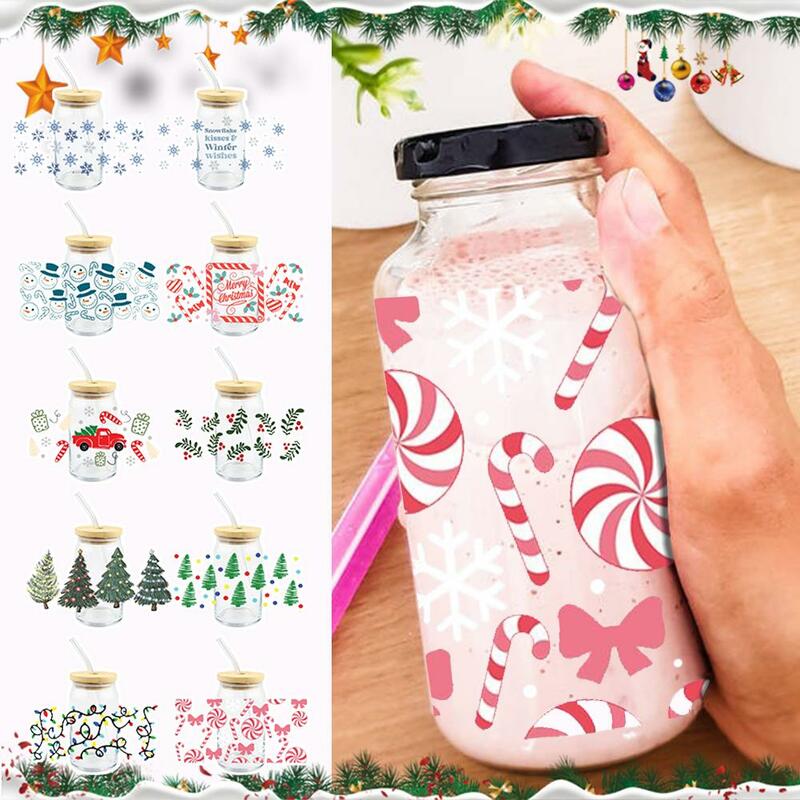 Pegatina de transferencia de embalaje de taza UV DTF para Navidad, etiquetas de tazas de café de vidrio, logotipo impermeable para botellas de vidrio Y2H9