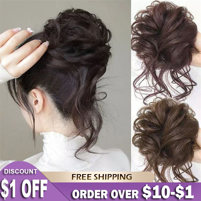 Synthetic Messy Hair Bun Hairpiece Elastic Drawstring Chignons Loose Wave Curly Hair Buns Hair Extensions Ponytail Wig For Women