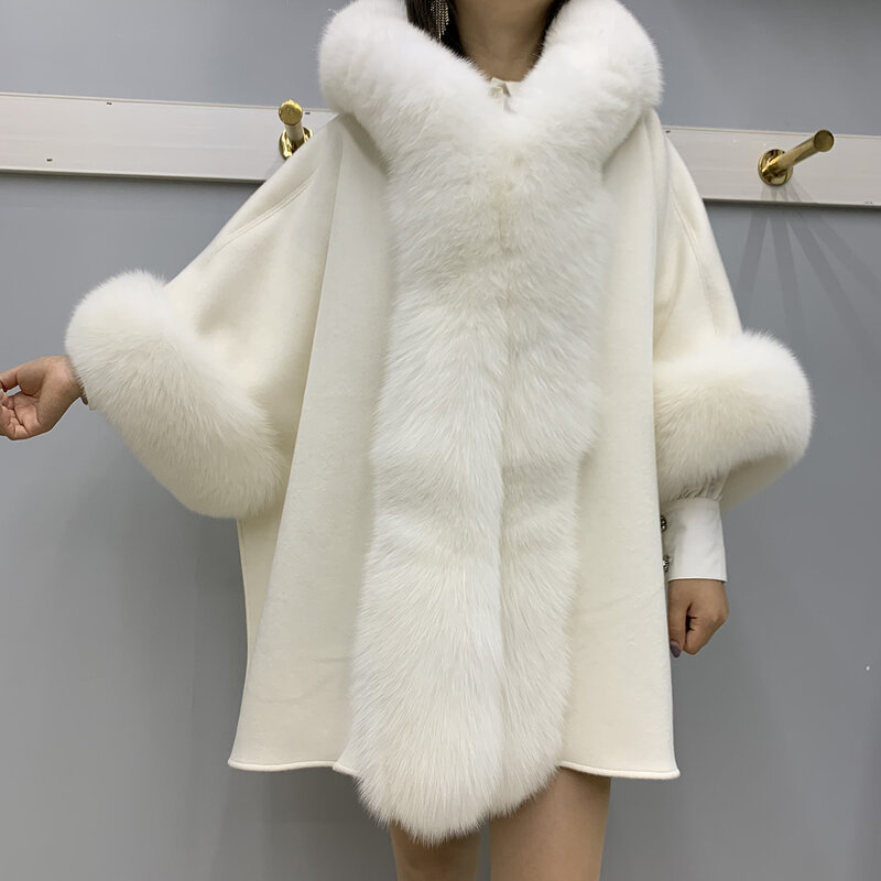 Cape de téléphone tricotée épaisse 100% laine pour femme, manteau Long et chaud avec col moelleux et vraie fourrure de renard