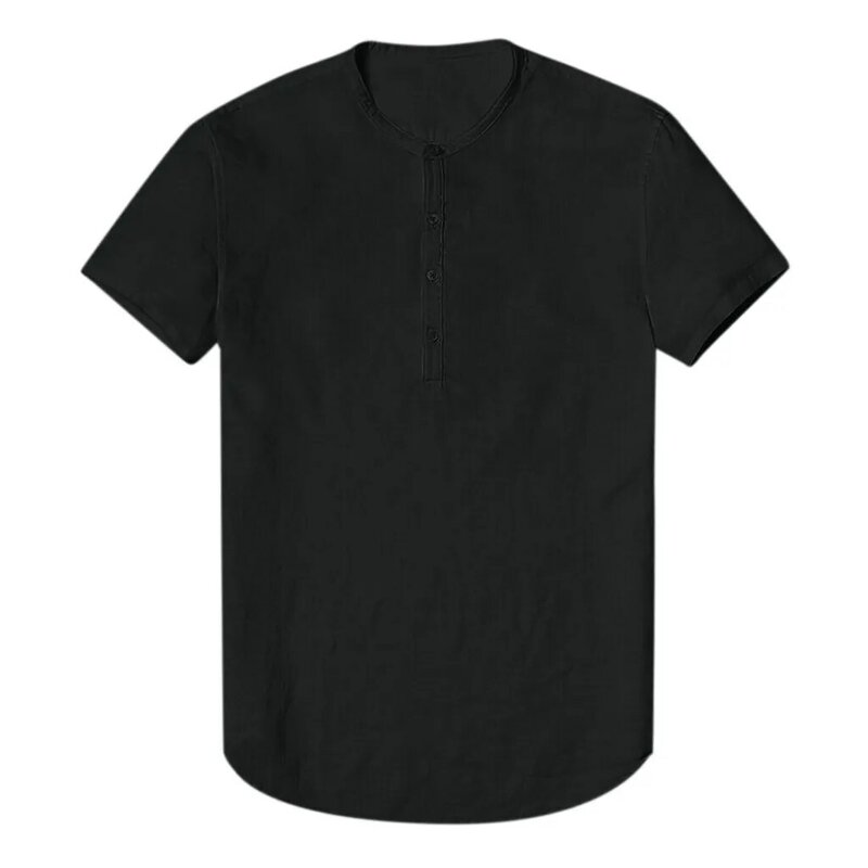 Рубашка мужская с коротким рукавом, блузка из хлопка и льна, с круглым вырезом, на пуговицах, удобная сорочка, однотонный топ