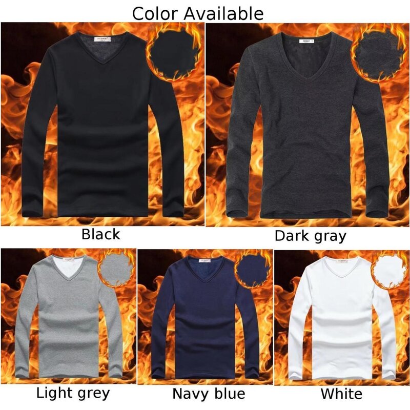 Winter Mens T-shirt Thermal Warm Undershirt V Neck Fleece Slim Fit T-shirt Long Sleeve Pullover Tops Underclothes