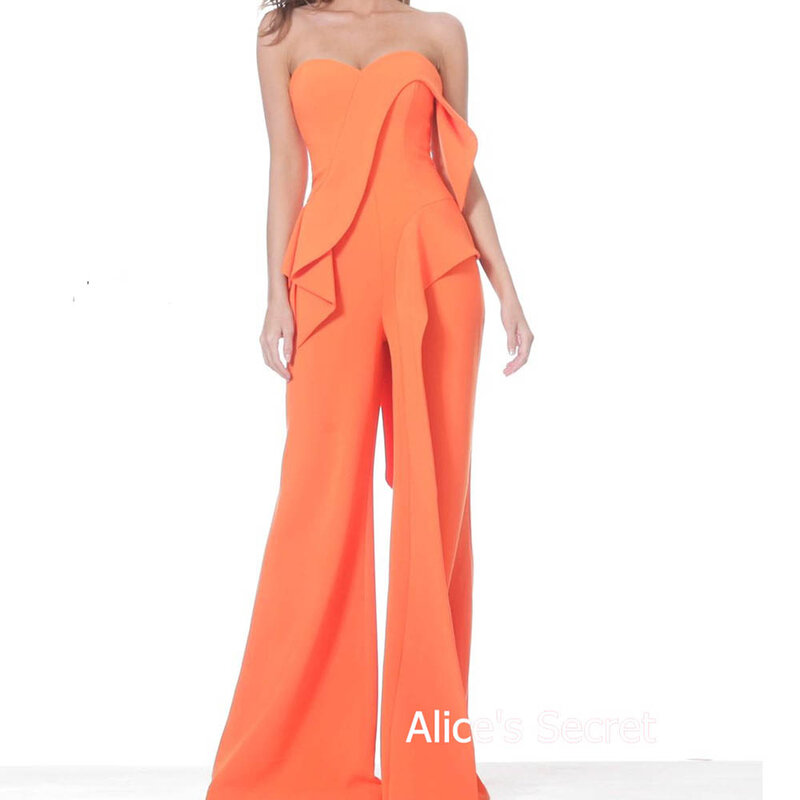 Sexy Strapless Sweetheart Sleeveless Wide-Leg Asymmetrical Ruffle Jumpsuit for Women's Evening Party