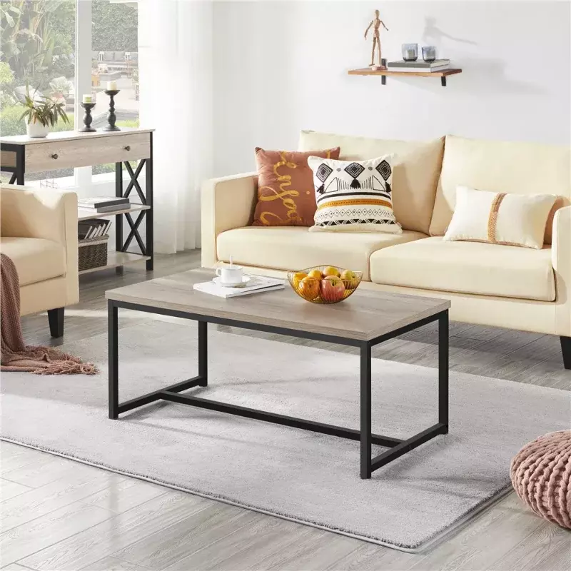 Mesa de centro Industrial de madera y Metal, mueble rústico para sala de estar, color gris