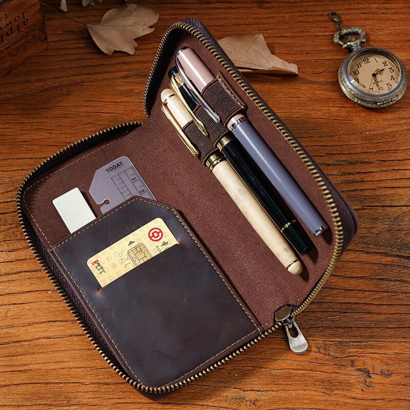 GENODERN-estuche de lápices de cuero de primera capa, bolsa de almacenamiento de bolígrafos con cremallera, caja de papelería de facturas de gran capacidad