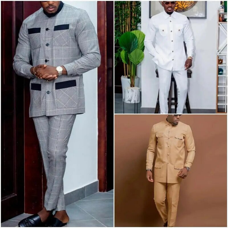 2024 elegante abito di lusso da uomo in stile africano a righe scozzesi abito monopetto e pantaloni 2 pezzi abito da lavoro Casual per uomo