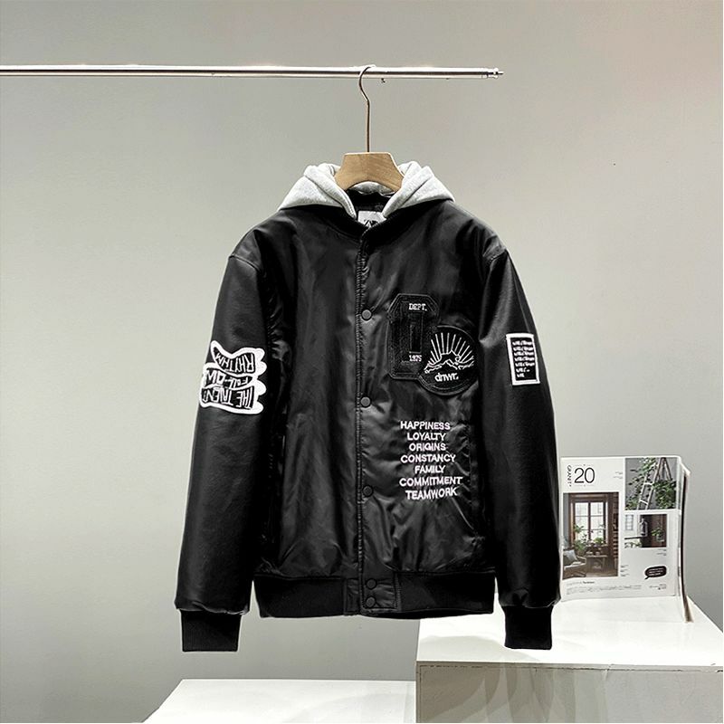 Men's 2024 new fashion casual Joker loose embroidery cotton-padded jacket coat retro long-sleeved hooded chic top.
