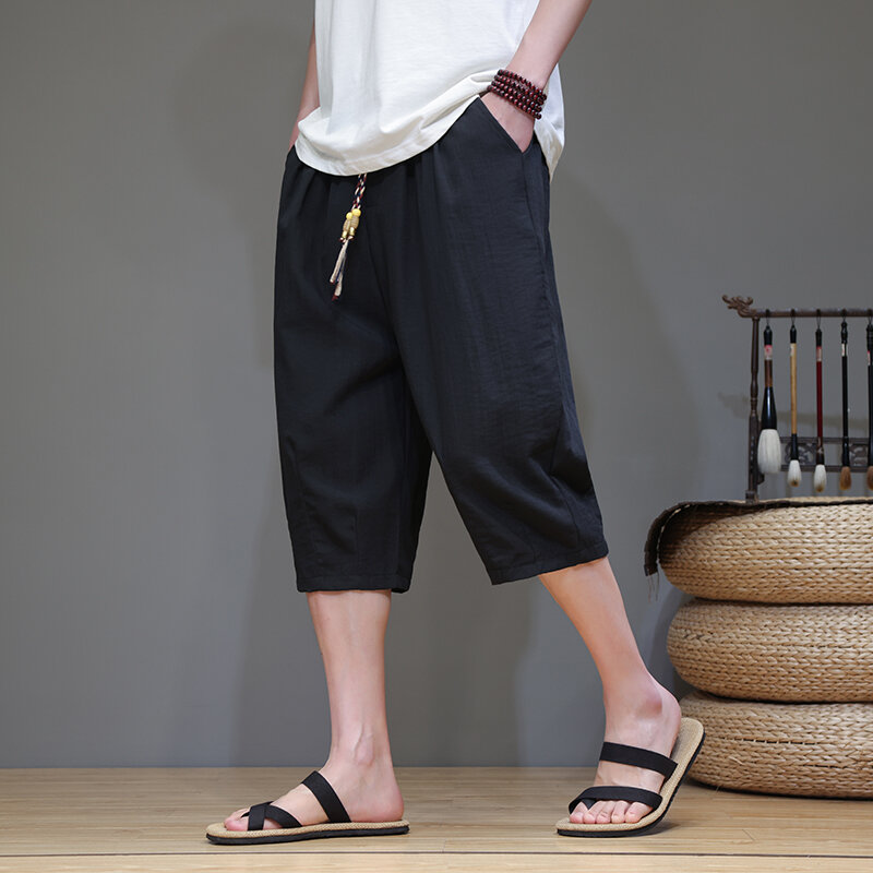 여름 중국 스타일 얇은 카프리 바지 남성 의류 플러스 사이즈 와이드 레그 바지 전통 드레스 태극권 쿵푸 오버 사이즈 바지