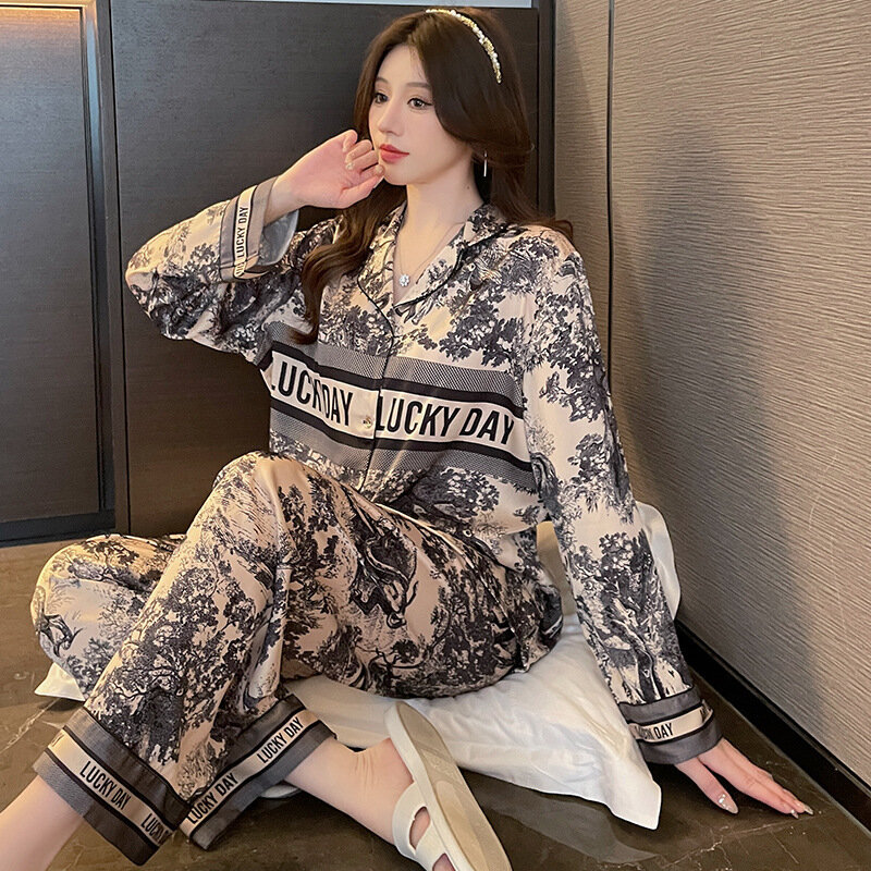 Xyw-Conjunto de pijama de seda gelo feminino, casaco de manga comprida, manga curta, pintura a tinta, sentimento high-end, fino, primavera, verão, novo