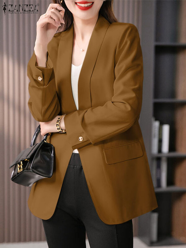 Женский однотонный офисный пиджак ZANZEA 2023, Осенний Элегантный Повседневный тонкий пиджак с длинным рукавом, женская верхняя одежда, модный офисный блейзер