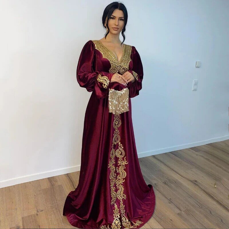 Gaun malam Kaftan Maroko Burgundi Dubai Arab Saudi bordir Velour lengan panjang A-Line gaun Prom Islam 2024